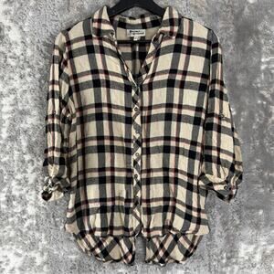 Hester & Orchard Size S Plaid V Neck Casual Button Top 3/4 Sleeve Collar